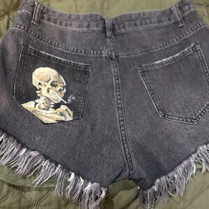 Custom Hand-Painted Black Denim Shorts Size M/6 Skull & Cig on Distressed Demin